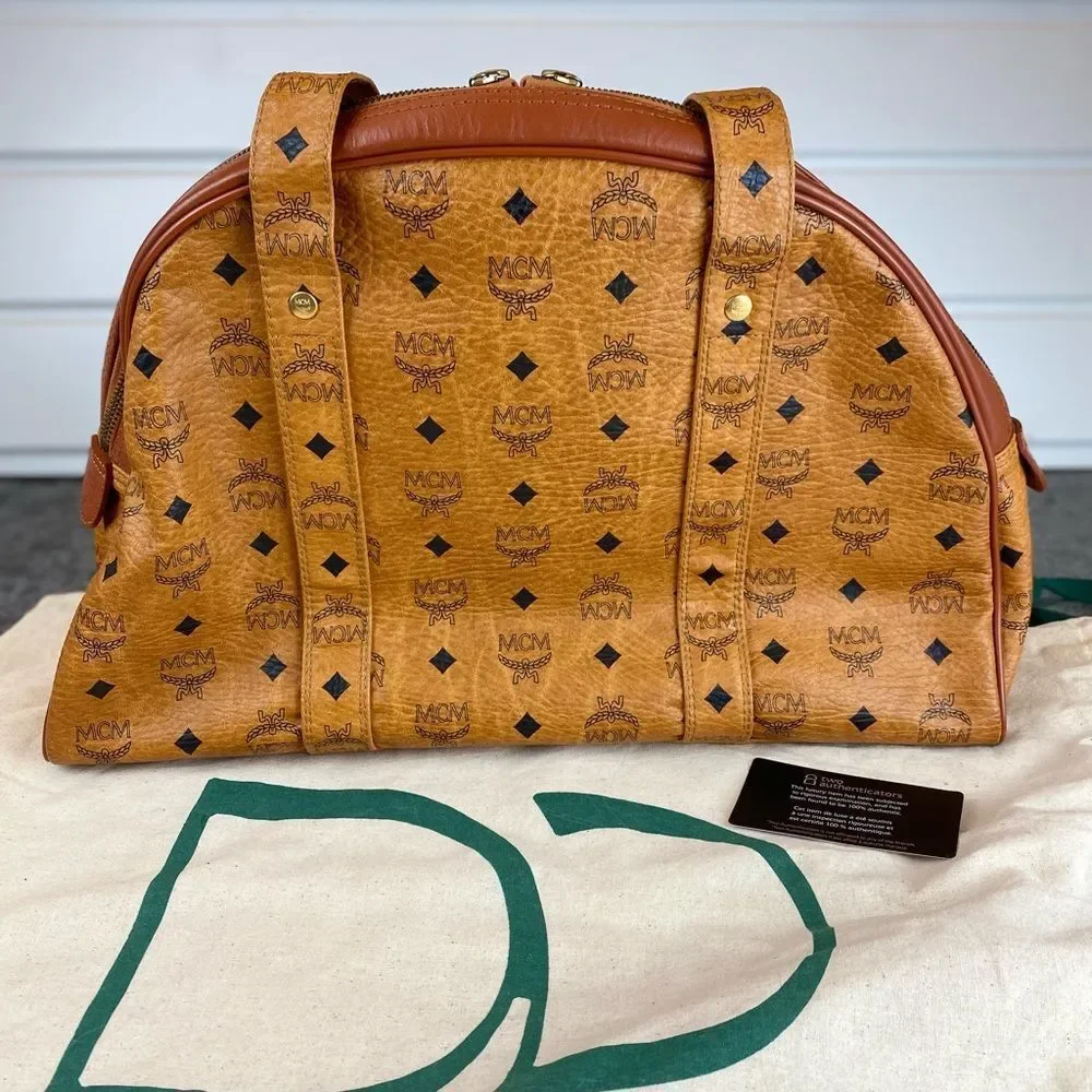 Authentic MCM Vintage Visetos Cognac Monogram Dome Tote Large